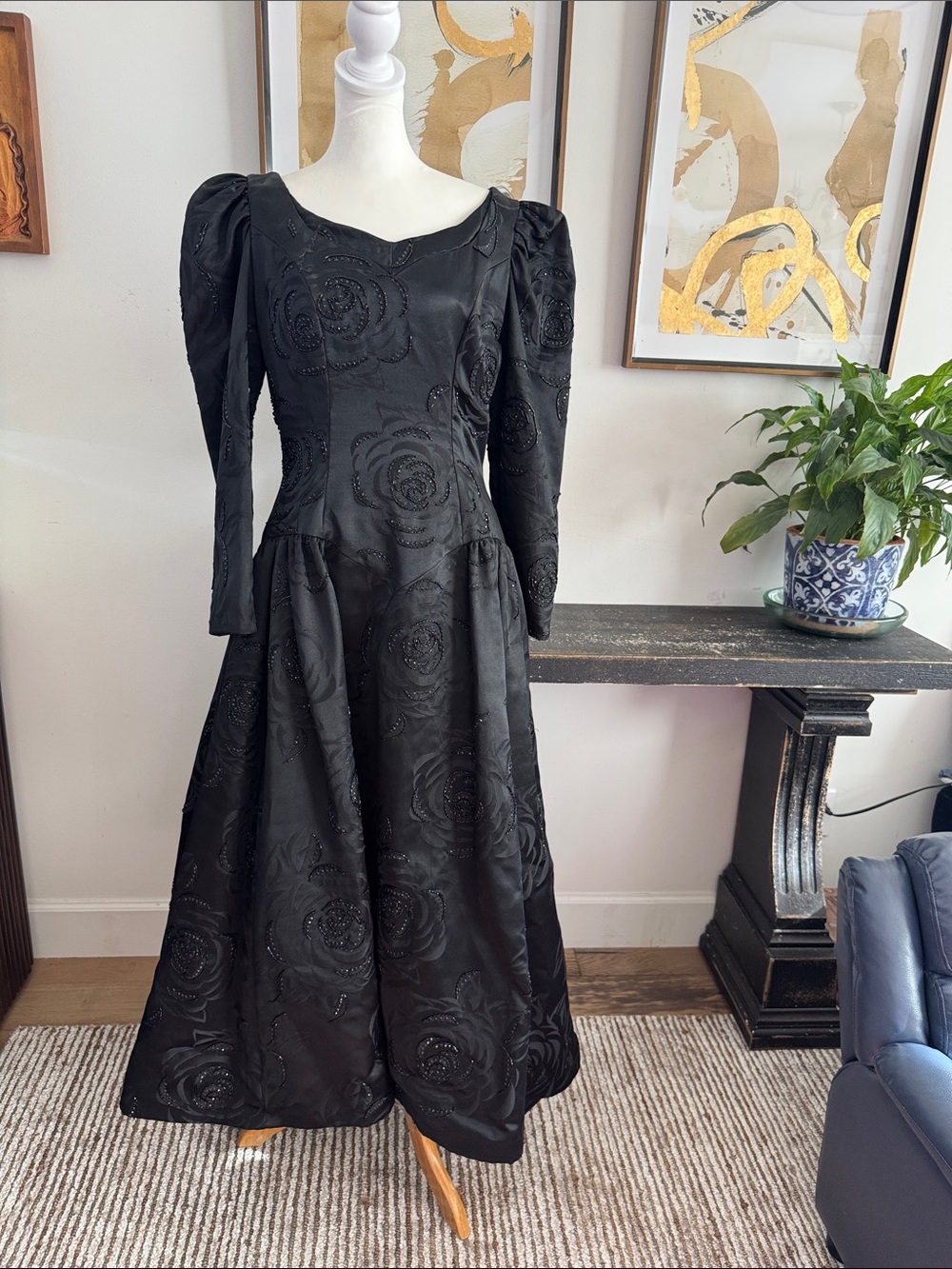 1980s black floral jacquard long sleeve dress subtle beaded detail